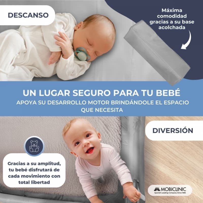 Cuna de viaje Mofli gris Plegable, portátil y segura  Con bolsa de transporte Mobiclinic