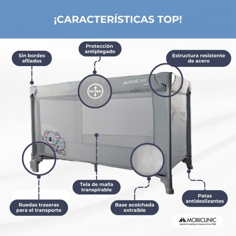 Cuna de viaje Mofli gris Plegable, portátil y segura  Con bolsa de transporte Mobiclinic