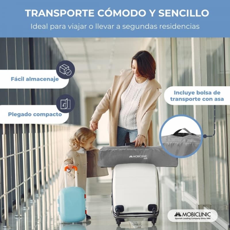 Cuna de viaje Mofli gris Plegable, portátil y segura  Con bolsa de transporte Mobiclinic