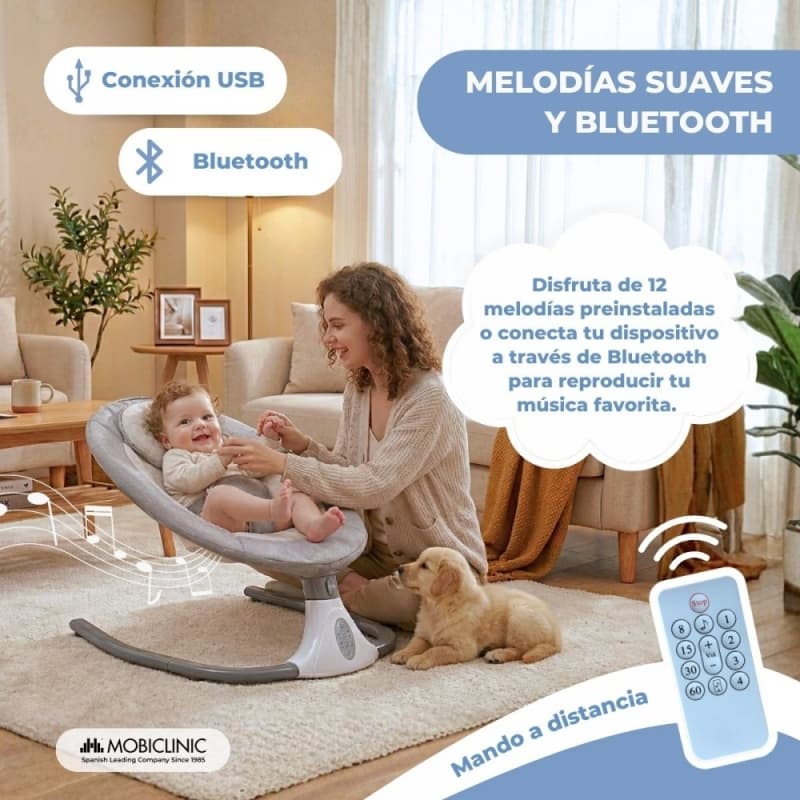 Hamaca Mecedora para Bebé con Velocidad Ajustable Música Juguetes Mosquitera y Mando a Distancia Mobiclinic MIF-00003/03