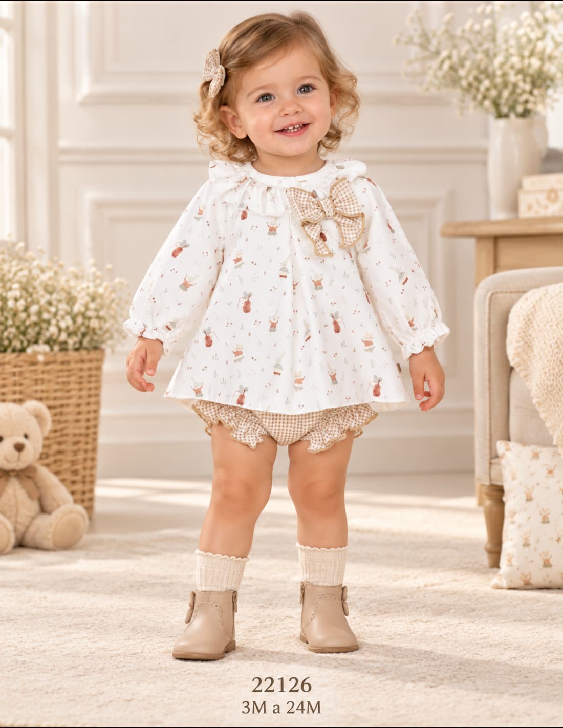 Jesusito para bebé niña estampado 100% algodón con lazo vichy y braguita con volante Calamaro Arosa 621122126 (Modelo 22126)