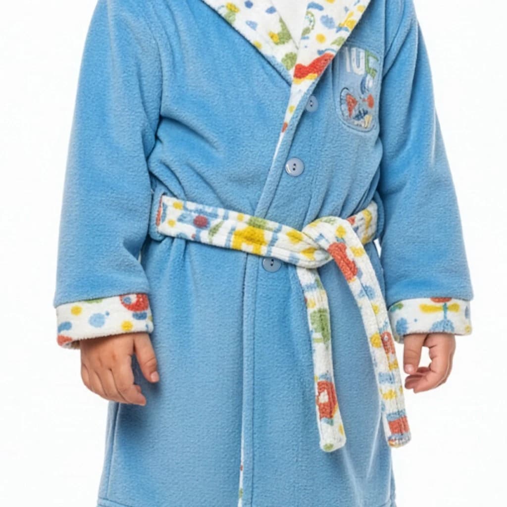 Bata infantil para niño en coralina azul con cuello cruzado estampado Kinanit KN8039W26