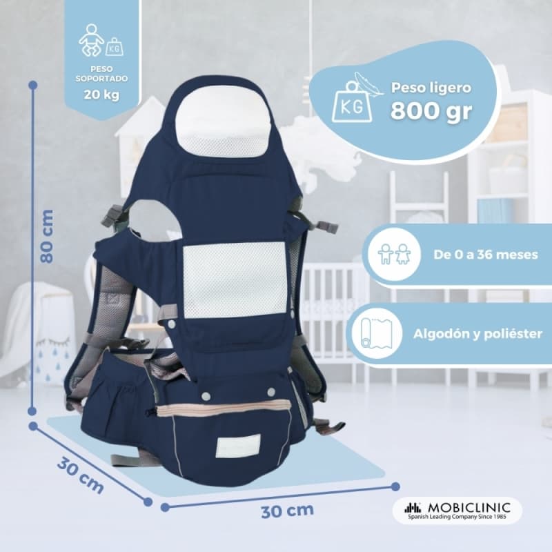 Mochila Portabebés azul Moley 6 en 1 Ergonómica y Transpirable 0-36 meses Mobiclinic MIF-00002/01-AZ