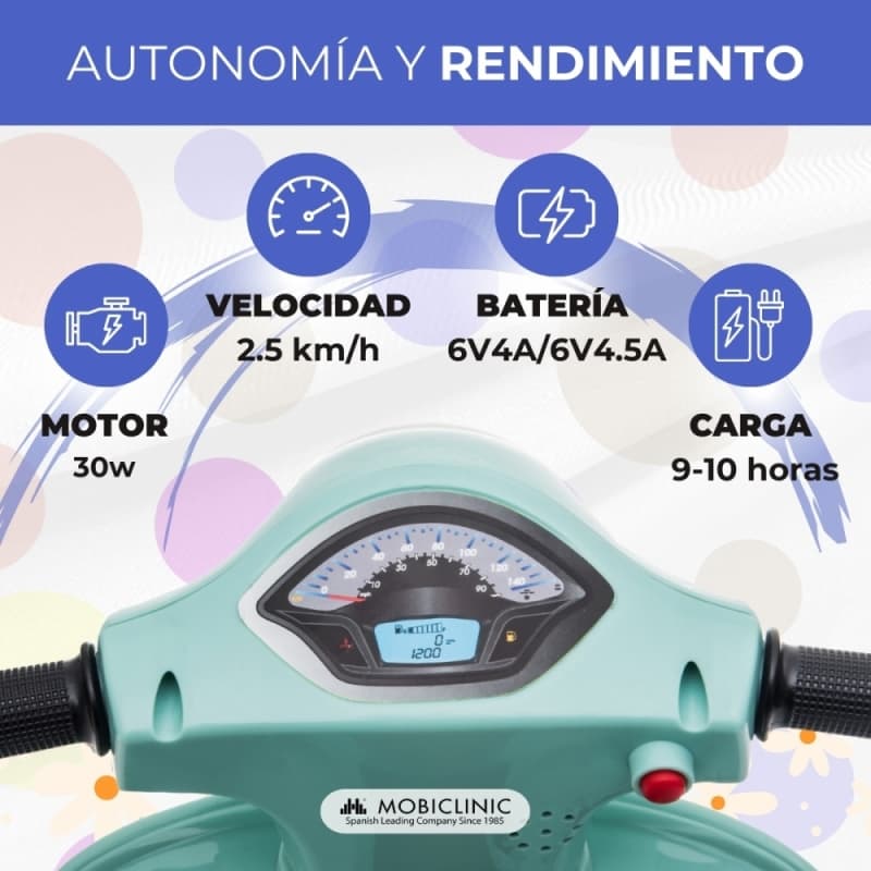 Moto eléctrica infantil Vespa Roma con sistema antivuelco Mobiclinic – 30W MDF-00012/02