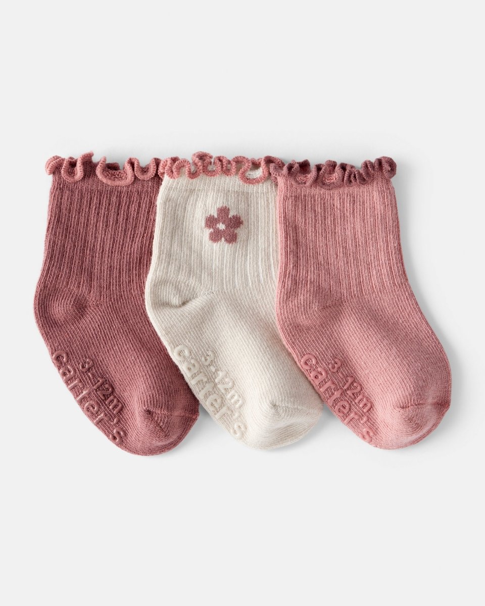 Pack 3 calcetines tobilleros de bebé con flores rosa/blanco