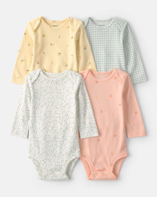 Pack cuatro bodies de algodón, estampados floral y de frutas
