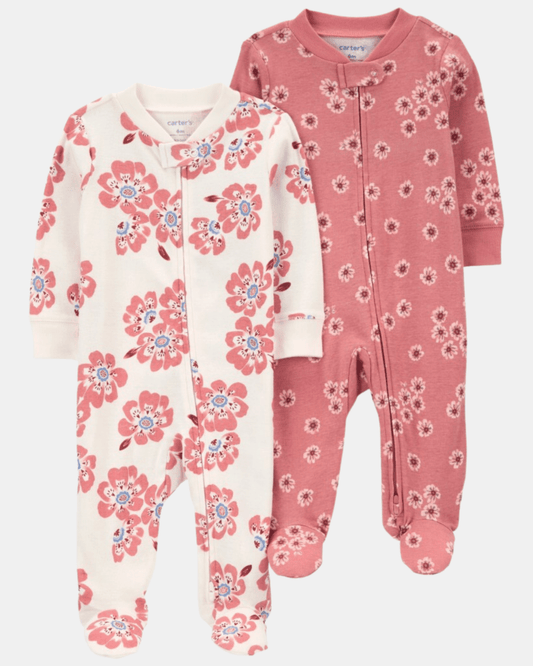 Pack de 2 pijamas de algodón con pies, estampado floral