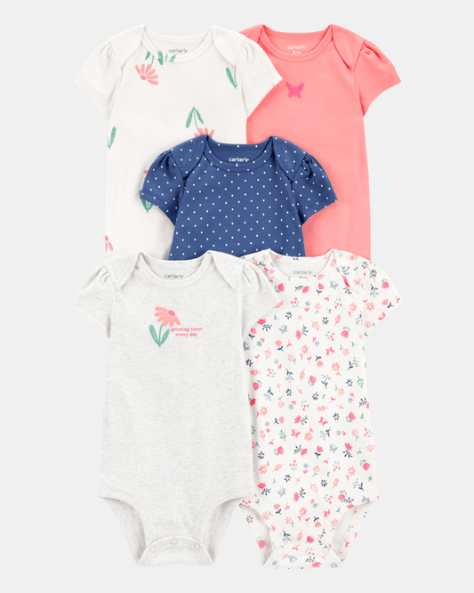 Pack de cinco bodies de manga corta en rosa y gris con estampado floral