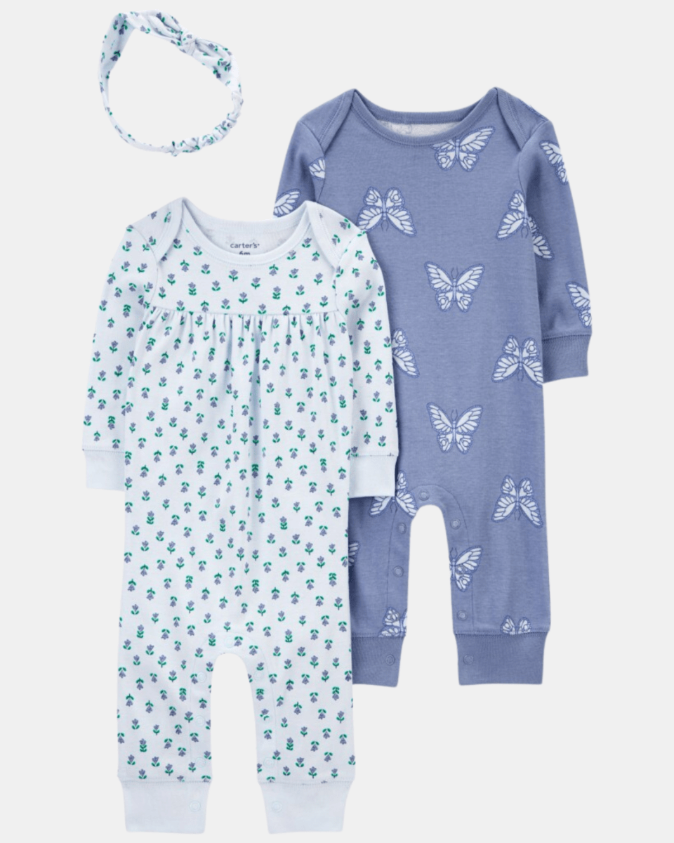 Pack dos pijamas de algodón y vincha diseño mariposas