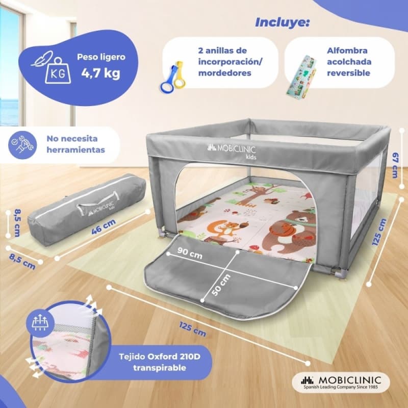 Parque de Juegos Happyland Gris con Alfombra Plegable y Portátil Mobiclinic MDF-00006/05-GR