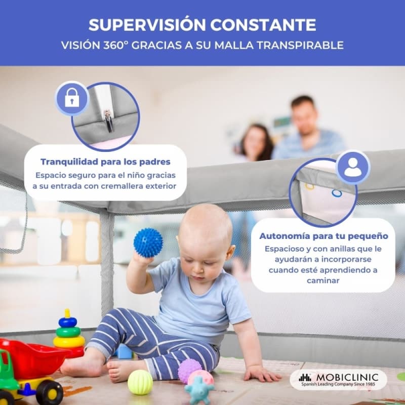 Parque de Juegos Happyland Gris con Alfombra Plegable y Portátil Mobiclinic MDF-00006/05-GR