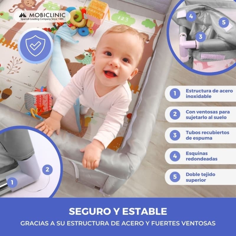 Parque de Juegos Happyland Gris con Alfombra Plegable y Portátil Mobiclinic MDF-00006/05-GR