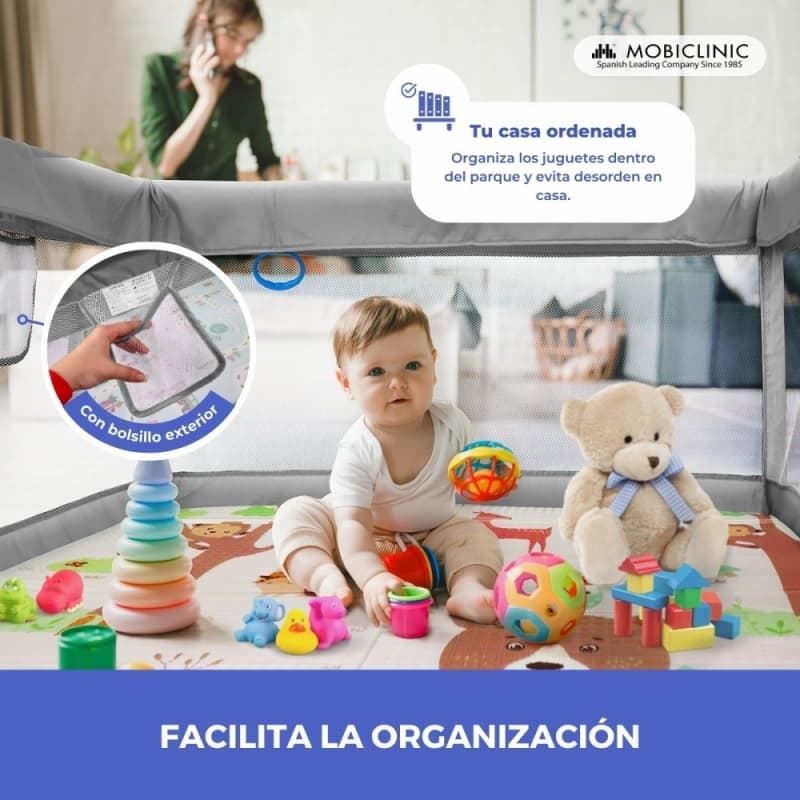 Parque de Juegos Happyland Gris con Alfombra Plegable y Portátil Mobiclinic MDF-00006/05-GR