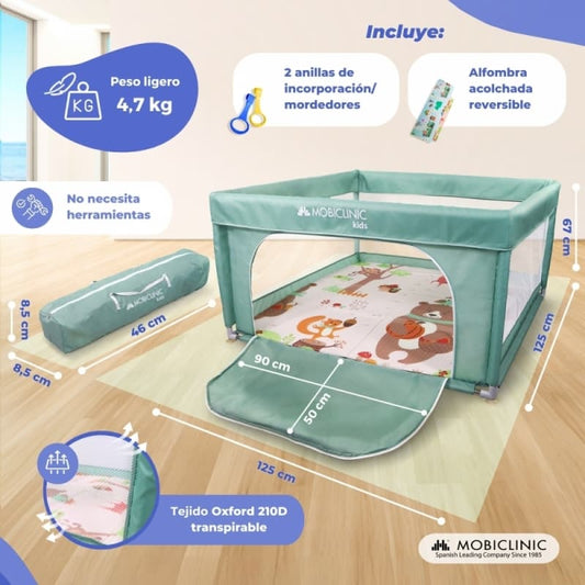 Parque de Juegos Happyland Verde con Alfombra Plegable y Portátil Mobiclinic MDF-00006/05-VD
