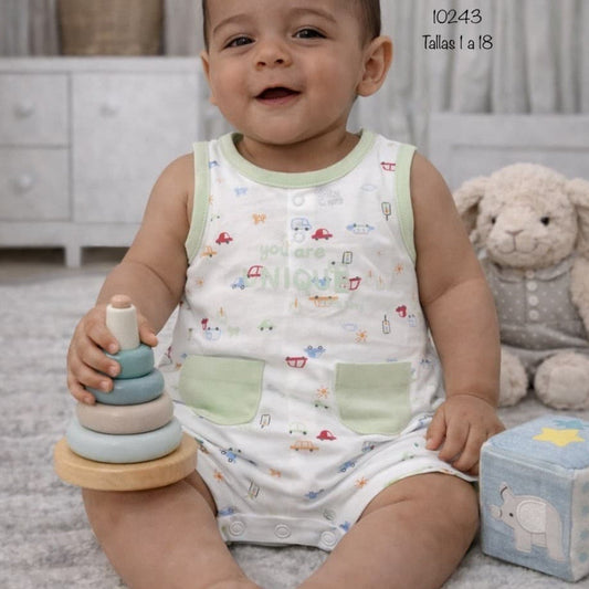 Pelele bebé niño sin mangas con bolsillos verdes YATSI – Fresco y práctico para verano (621010243)