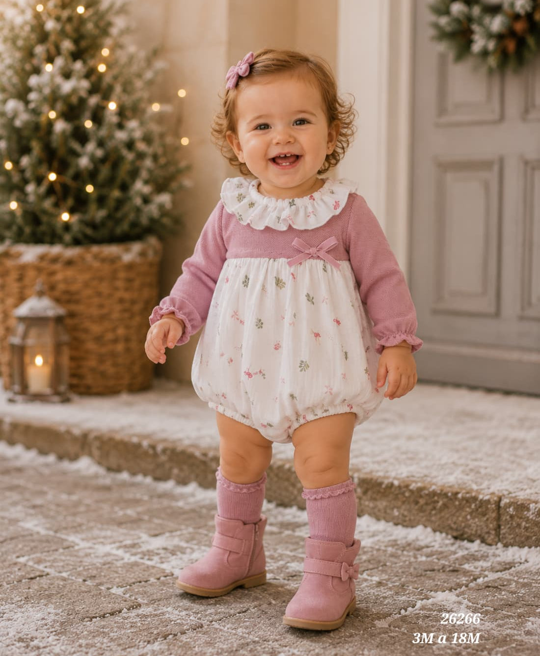 Pelele de bebé niña combinado de punto rosa empolvado y estampado floral Babyferr 622126266 - Fabricado en España
