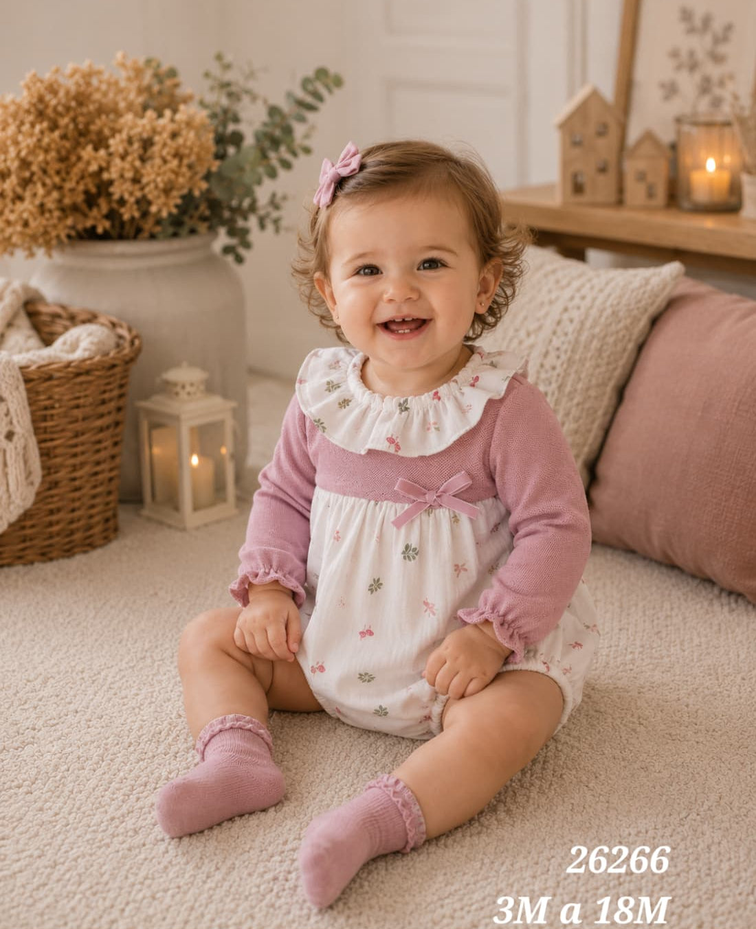 Pelele de bebé niña combinado de punto rosa empolvado y estampado floral Babyferr 622126266 - Fabricado en España