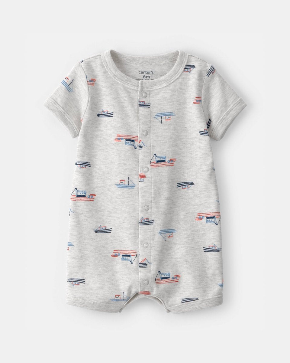 Pelele corto de algodón, diseño barcos gris