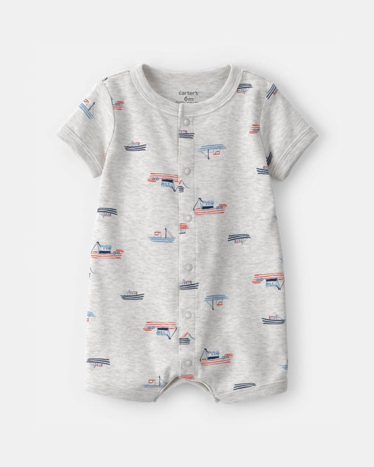 Pelele corto de algodón, diseño barcos gris