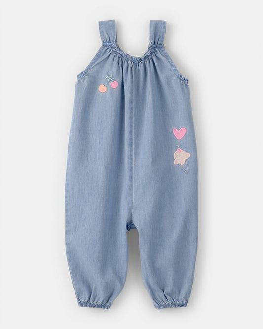 Pelele largo de algodón chambray sin mangas con bordado