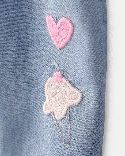 Pelele largo de algodón chambray sin mangas con bordado