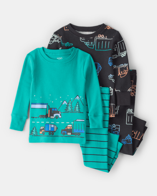 Pijama 4 piezas de algodón con diseño camiones