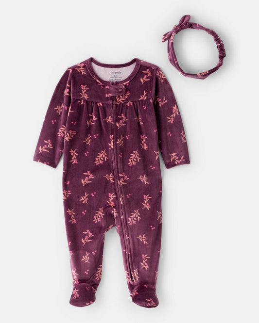 Pijama dos piezas de felpa floral con cinta para el pelo granate