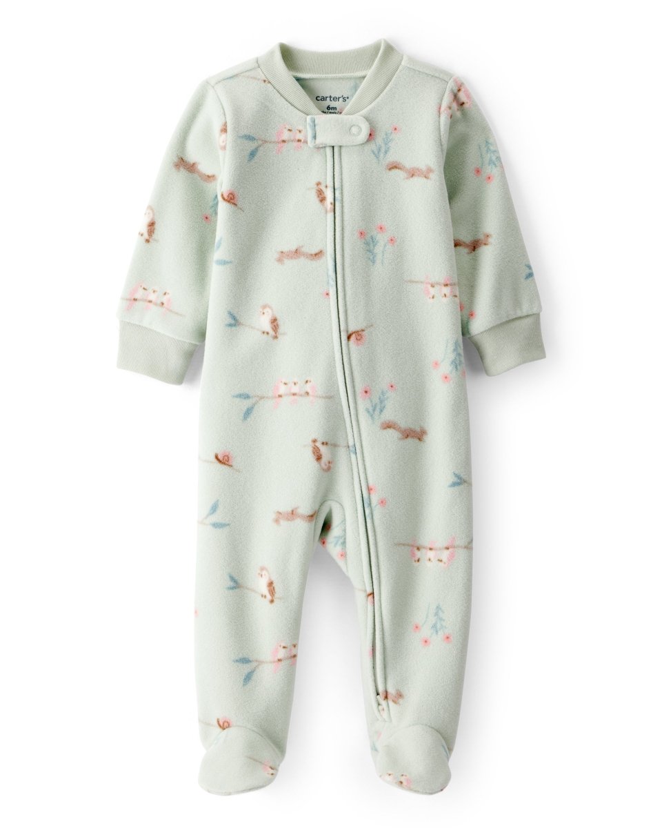 Pijama enterizo microfleece verde con ardillas y búhos