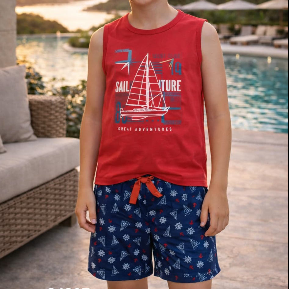 Pijama juvenil de verano para niño sin mangas KINANIT – Conjunto corto algodón fresco (625024307)