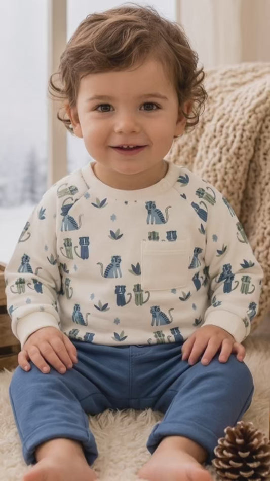 Conjunto de bebé niño de dos piezas con sudadera estampada de tigres y pantalón azul índigo Babybol 260801