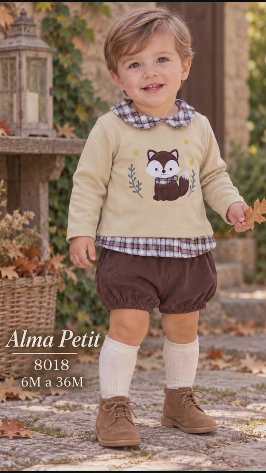 Conjunto de bebé niño de dos piezas con sudadera de zorro y pololo de micropana marrón Alma Petit Referencia 622108018 (Modelo 8018)