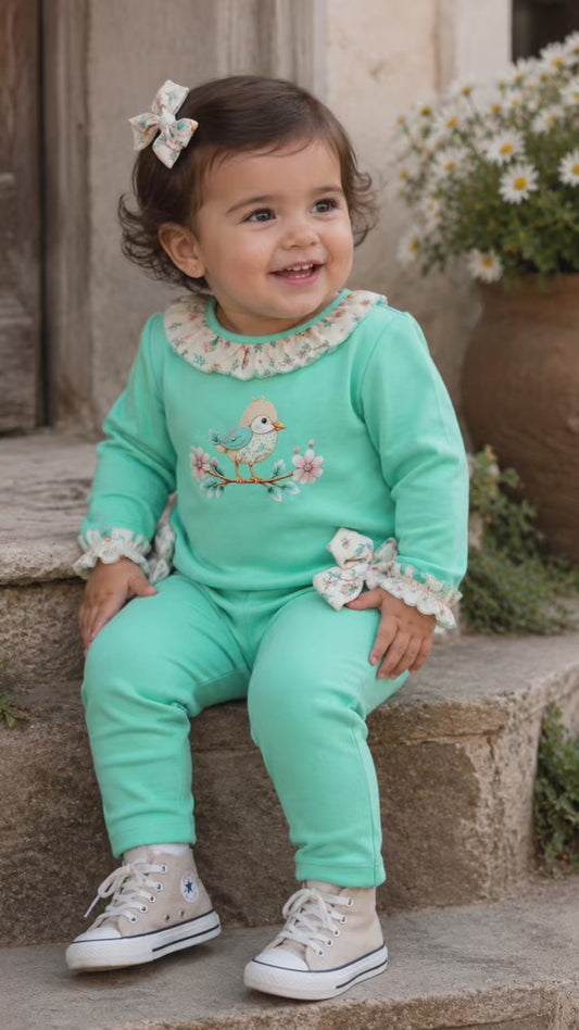 Conjunto de bebé niña de dos piezas con sudadera y pantalón en verde agua pajarito Diverchic 622104015 (Modelo 4015)
