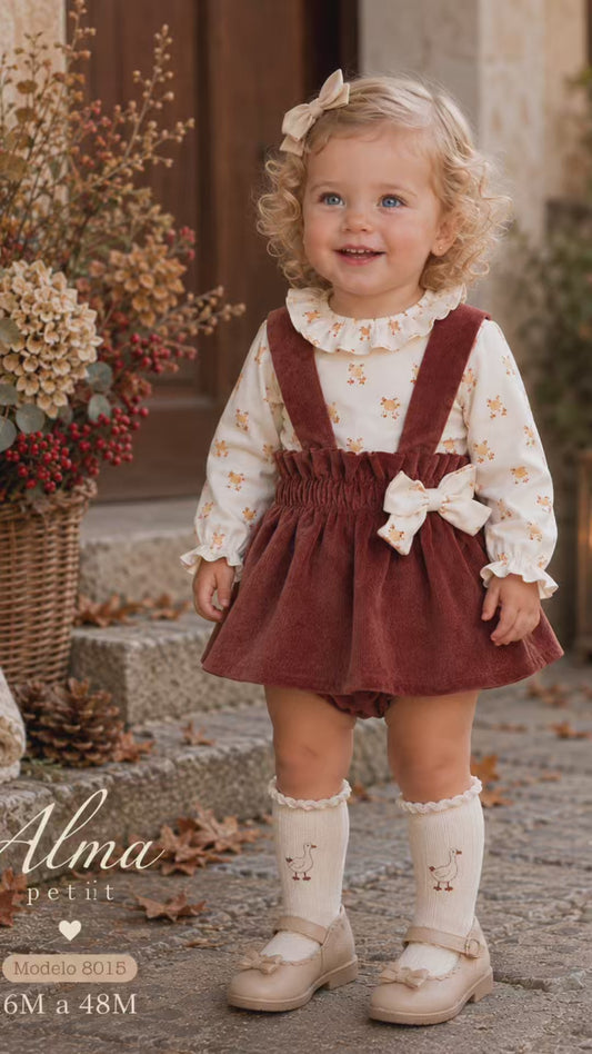 Conjunto de bebé niña con pichi de micropana teja, braguita y camiseta de patitos Alma Petit 622108015