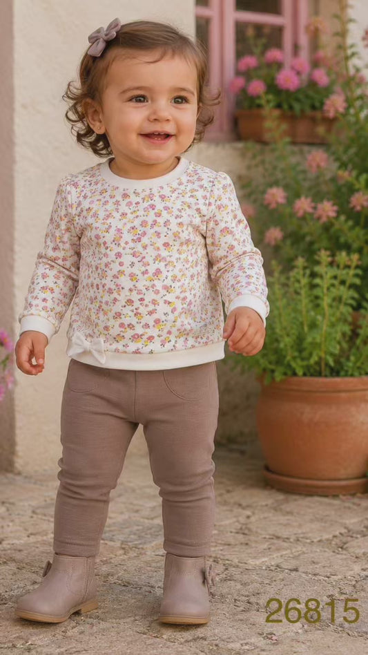 Conjunto de bebé niña de dos piezas con sudadera floral y pantalón legging tono topo Babybol 26815