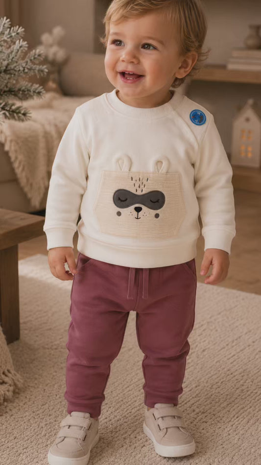 Conjunto de bebé niño de dos piezas con sudadera bolsillo osito y pantalón jogger burdeos Babybol 262012