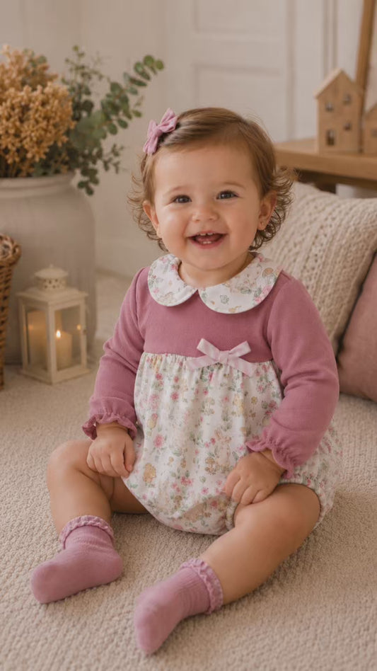Pelele de bebé niña combinado en tono rosa empolvado y estampado de conejitos y flores Babyferr 622126272 - Fabricado en España