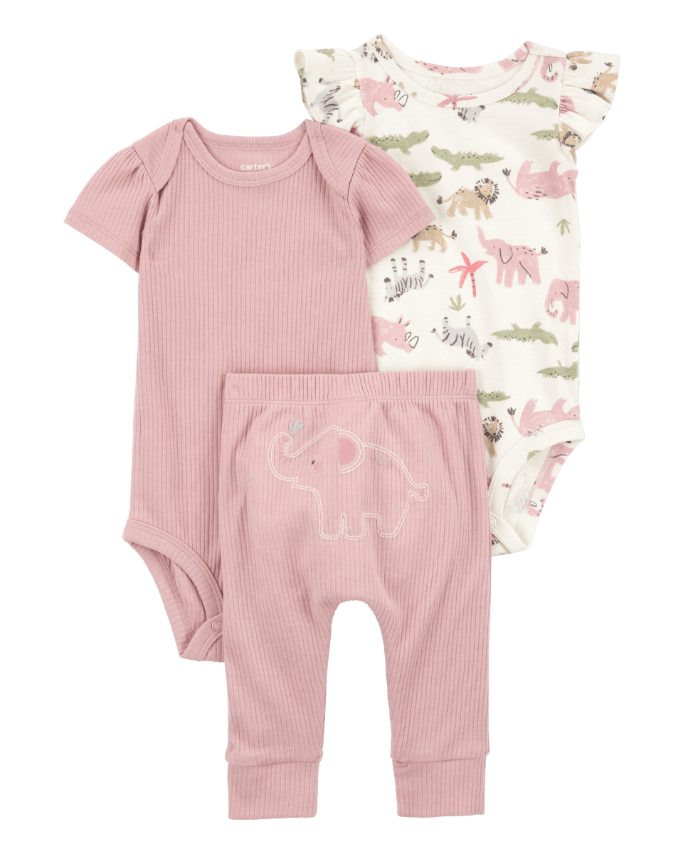 Conjunto tres piezas de algodón, pantalón y dos bodies, diseño elefantes