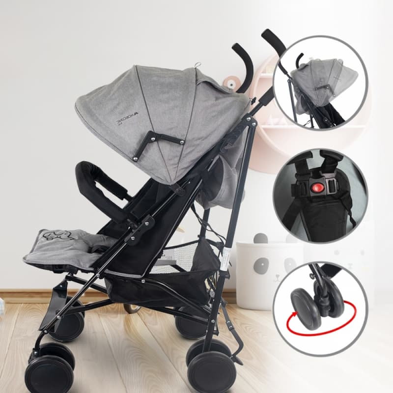 Silla de paseo Elefant Gris Mobiclinic Reclinable, ligera y plegable Hasta 15 kg Con capota y cesta portaobjetos