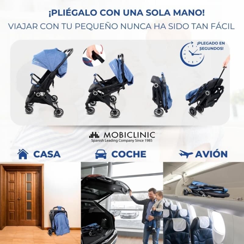 Silla de paseo Trip azul Compacta, ligera y plegable con una mano Mobiclinic