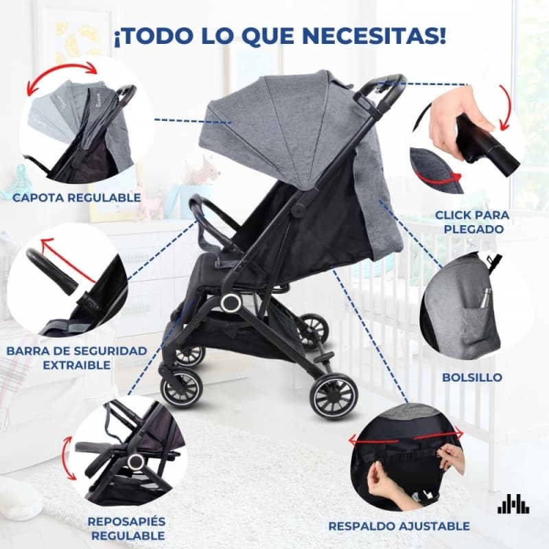 Silla de paseo Trip gris Compacta, ligera y plegable con una mano Mobiclinic
