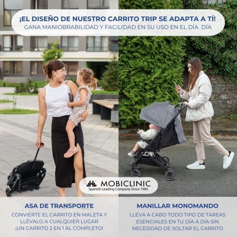 Silla de paseo Trip gris Compacta, ligera y plegable con una mano Mobiclinic