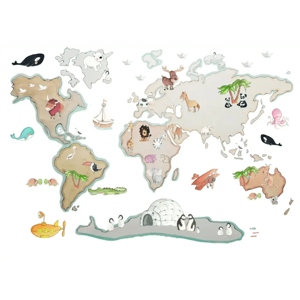 Vinilo de Tela Infantil Mapamundi -World Map Animals XL 220x120cm - SUEÑOS DE CIGUEÑA