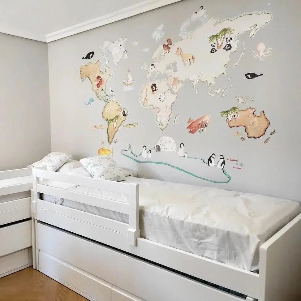 Vinilo Decorativo Infantil Mapamundi World Map Animals XL 220x120cm - SUEÑOS DE CIGUEÑA