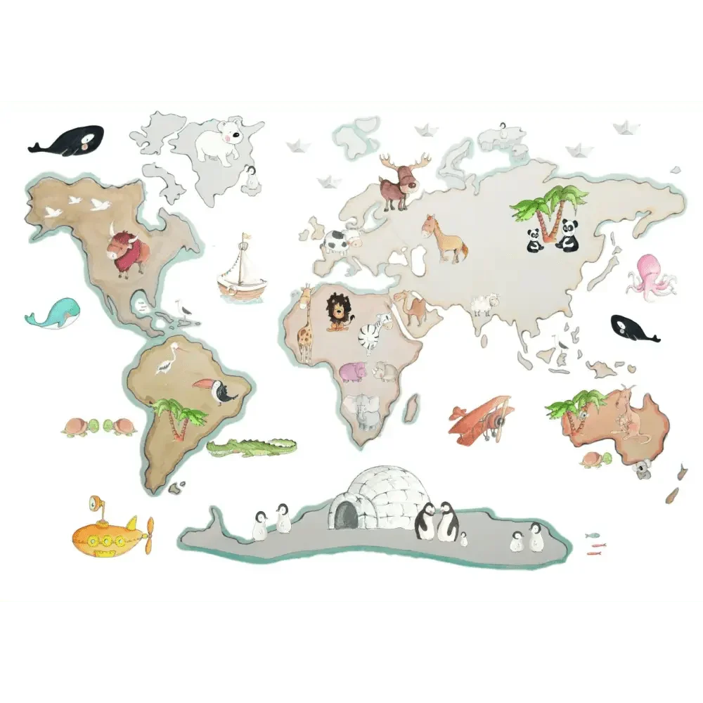 Vinilo Decorativo Infantil Mapamundi World Map Animals XL 220x120cm - SUEÑOS DE CIGUEÑA