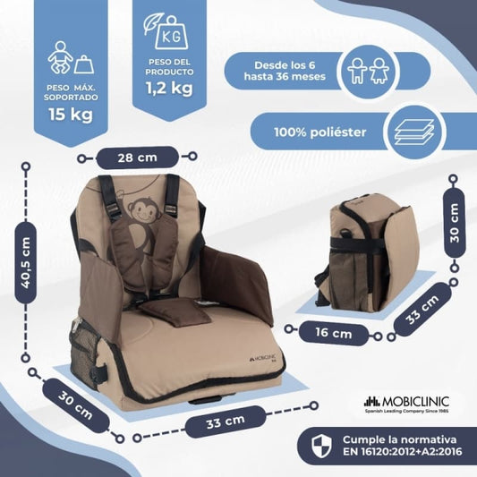 Trona de viaje bebé Beige Monkey Mobiclinic Plegable, con almacenaje y arnés de 5 puntos Hasta 15 kg