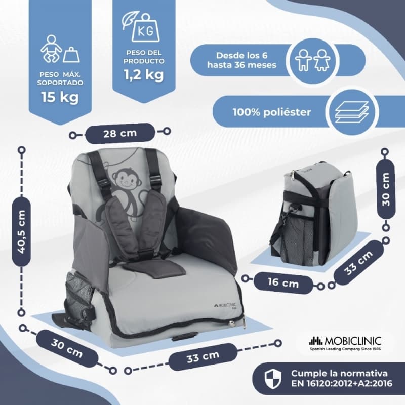 Trona de viaje bebé Monkey Mobiclinic Plegable, con almacenaje y arnés de 5 puntos Hasta 15 kg