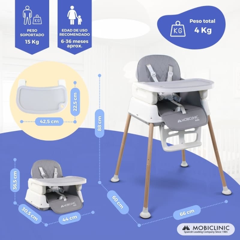 Trona bebé 3 en 1 Kiara Mobiclinic Evolutiva, plegable y segura Bandeja ajustable y arnés de 5 puntos