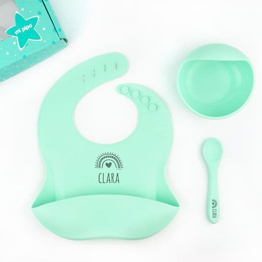 Vajilla bebé de silicona personalizada con babero, bol y cuchara MI PIPO 258 – Antibacteriana y segura 🥣💚