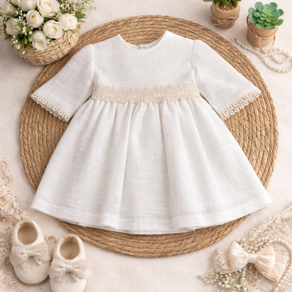 Vestido bebé niña primera puesta blanco con encaje Creaciones Baby Ferr 622026511 · Fabricado en España