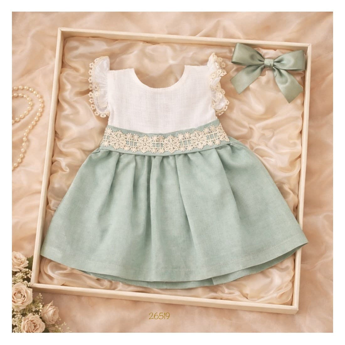 Vestido bebé niña primera puesta verde agua con encaje Creaciones Baby Ferr 622026519 – Fabricado en España